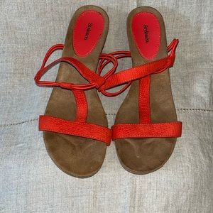 Style & Co coral pink T bar sandal. Comfort sole size 9. Hessian covered wedge.